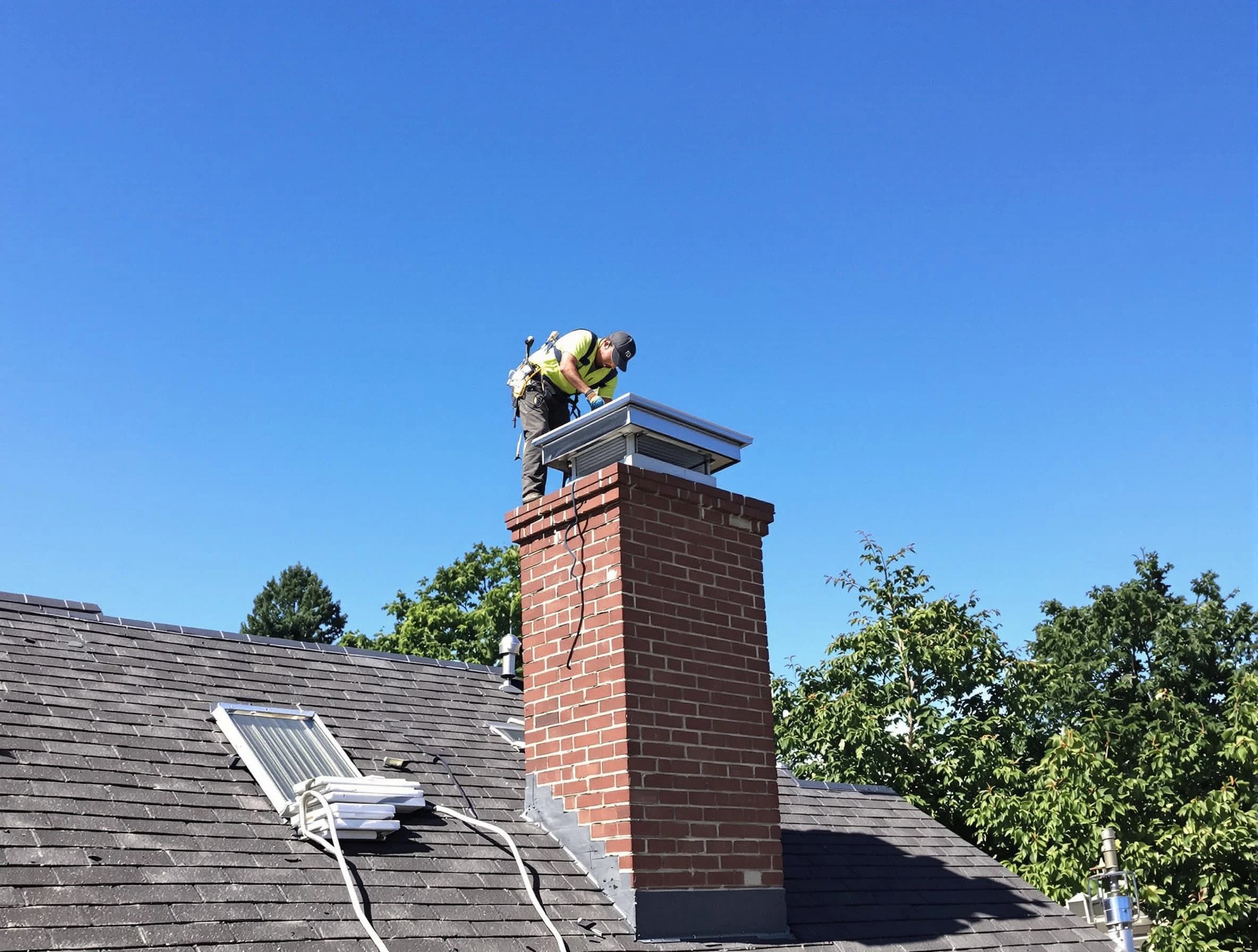 Senoia Chimney Sweep technician measuring a chimney cap in Senoia, GA